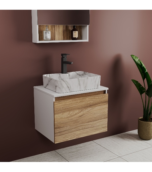 Комплект: тумба Bau Dream Blackwood 60, 1 ящик, раковина прямоугольная BAU Cerama 48х37, мрамор, смеситель Hotel Black, черный матовый