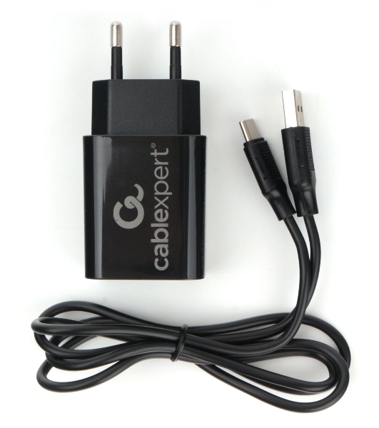 Сетевое зарядное устройство Cablexpert MP3A-PC-37 USB 2 порта, 2.4A, черный + кабель 1м Type-C