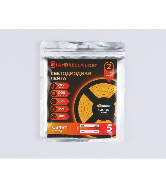 Светодиодная лента Ambrella light GS4611 COB 400Led/10W m/ 24V IP20 3000K/ 5m*5mm*2.1mm (2 конт.)