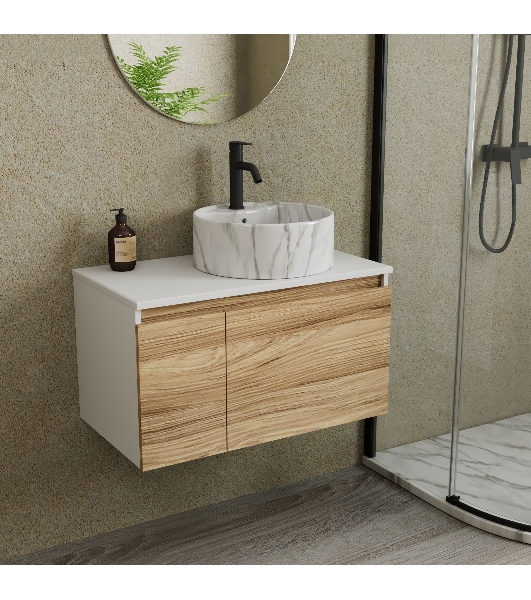 Комплект: тумба Bau Dream Blackwood 80, Раковина круглая накладная BAU Element D41, мрамор, смеситель Hotel Dream Black, черный матовый