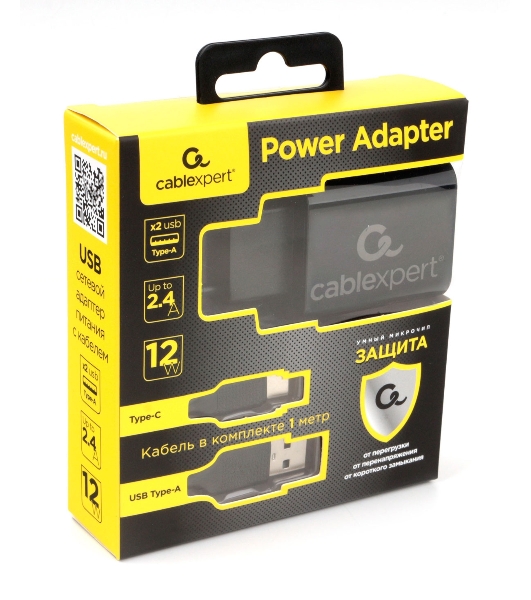 Сетевое зарядное устройство Cablexpert MP3A-PC-37 USB 2 порта, 2.4A, черный + кабель 1м Type-C