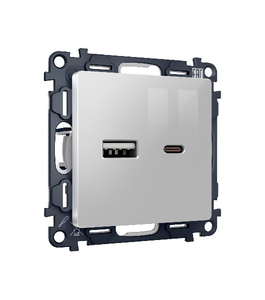 Комплект механизма розетки ALFA Серебро глянец 2USB A+C 20W (быстрая зарядка) QUANT (AP4110, VM177) MA411010
