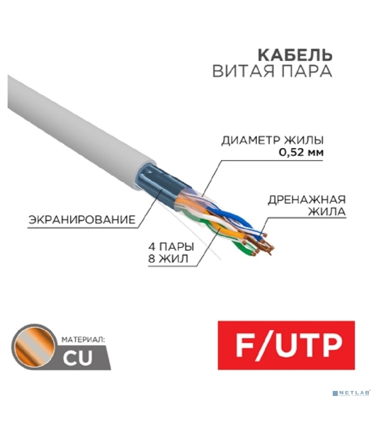 Кабель витая пара Rexant F/UTP, CAT 5e, PVC нг(А)-LS, 4х2х0,52мм, 4PR, 24AWG, INDOOR, SOLID, серый, 305м, РФ