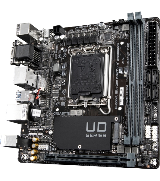 Материнская плата Gigabyte H610I DDR4, LGA 1700, Intel H610, 2xDDR4, 4xSATA, 1xM.2, 1xPCIe 4.0 x16, 1xHDMI, 1xVGA, 2xDP, 1x 1Gb LAN, 2xUSB-A 3.2 Gen 1, 4xUSB-A 2.0, 3x 3.5 мм, 7.1, Mini-ITX