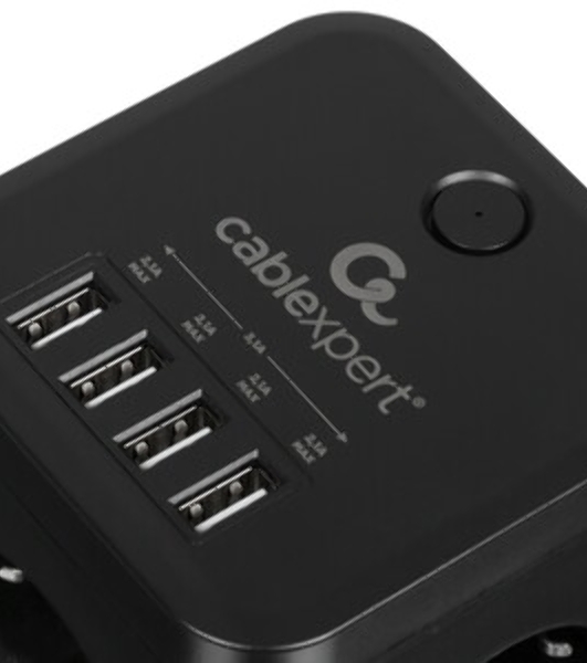Сетевой фильтр Cablexpert Cube CUBE-3-U4-B-1.5, 3 р, 10А, 4хUSB, 1.5 м, ур.защиты 4+, черный, коробка