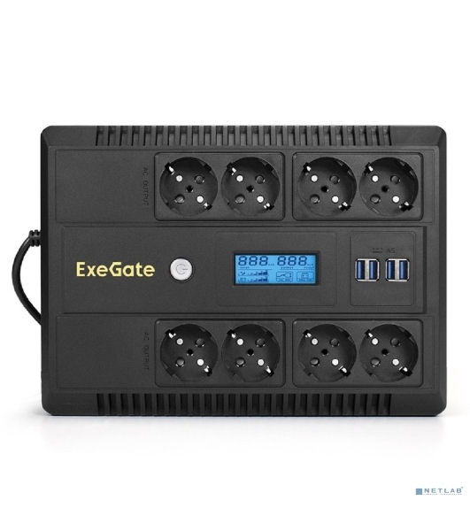 Источник бесперебойного питания ExeGate NEO Smart LHB-1000.LCD.AVR.8SH.CH.USB 1000VA/650W, LCD, AVR, 8*Schuko, USB, 4*USB-порта для зарядки, черный
