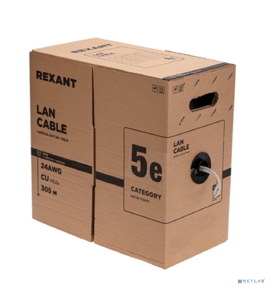 Кабель витая пара Rexant F/UTP, CAT 5e, PVC нг(А)-LS, 4х2х0,52мм, 4PR, 24AWG, INDOOR, SOLID, серый, 305м, РФ