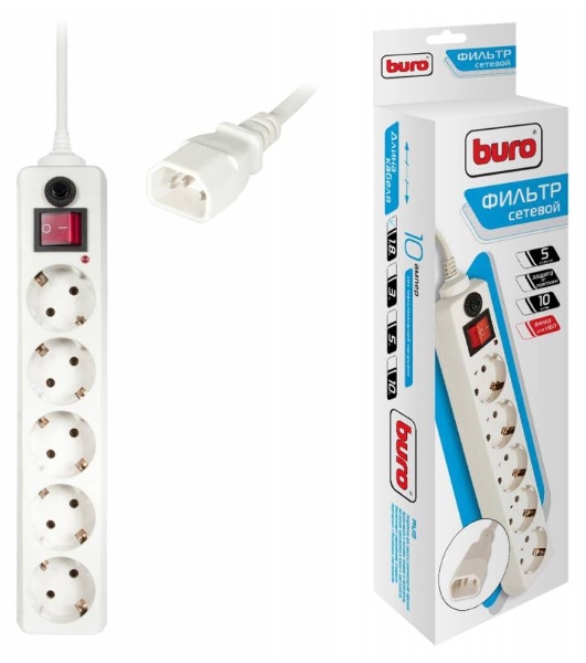 Сетевой фильтр Buro 500SH-1.8-UPS-W 1.8м, 5 розеток, белый, коробка