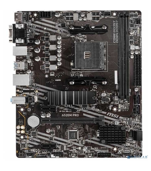 Материнская плата MSI A520M PRO, AM4, AMD A520, 2xDDR4, 4xSATA, 1xM.2, 1xPCIe 3.0 x16, 1xVGA, 1xDP, 1xHDMI, 1x 1Gb LAN, 2xUSB 2.0, 4xUSB 3.2 Gen 1, 3x3.5 мм, 7.1, mATX