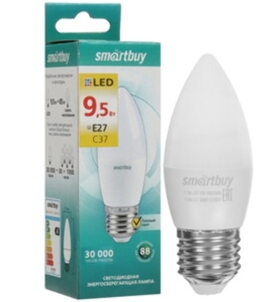 Лампа светодиодная Smartbuy SBL-C37-9_5-40K-E27 (LED) Лампа свеча C37-9,5W/4000/Е27