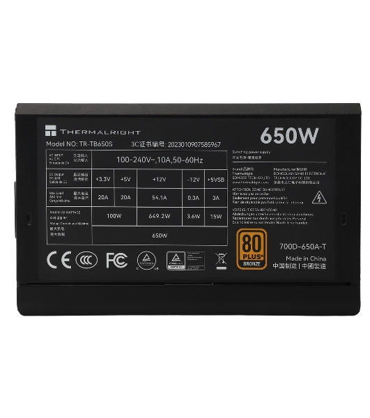 Блок питания Thermalright TR-TB650S 650W 80 PLUS Bronze, (ATX, 3, Non-modular, 1x24(20+4)pin 550мм, 1xCPU*2 8(4+4)pin 600+150мм, 1xPCIe*2 8(6+2)pin 500+150мм, 1xSATA*3+MOLEX4pin*1 400+150+150+150мм, 1xSATA*2+MOLEX4pin*2 400+150+150+150мм, Active, 120x120мм, 150x140x86мм, APFC, )