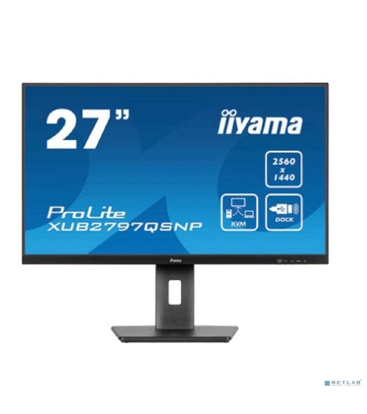 Монитор 27' Iiyama ProLite XUB2797QSNP-B1 IPS QHD, 100 Гц, 1 мс (MPRT), 16:9, 300 кд/м², HDMI 2.0, DP 1.4, USB-C (96 Вт PD), встроенные динамики (2x2 Вт), KVM-модуль, поворотная подставка, черный