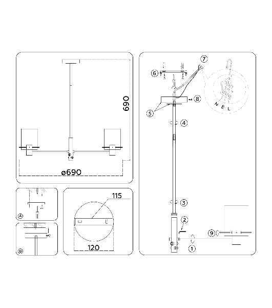 Люстра Ambrella light LH57041/6 BK/DBS/SM черный/темная латунь/дымчатый E14/6 max 40W D690*690