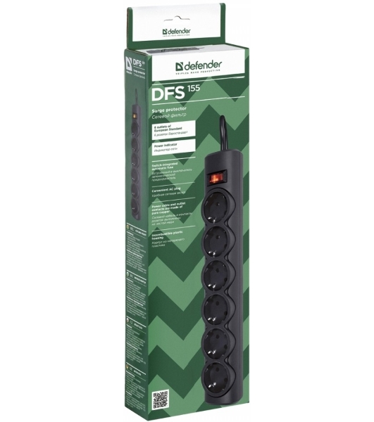Сетевой фильтр Defender DFS 155/6 розеток/черный/5.0 м