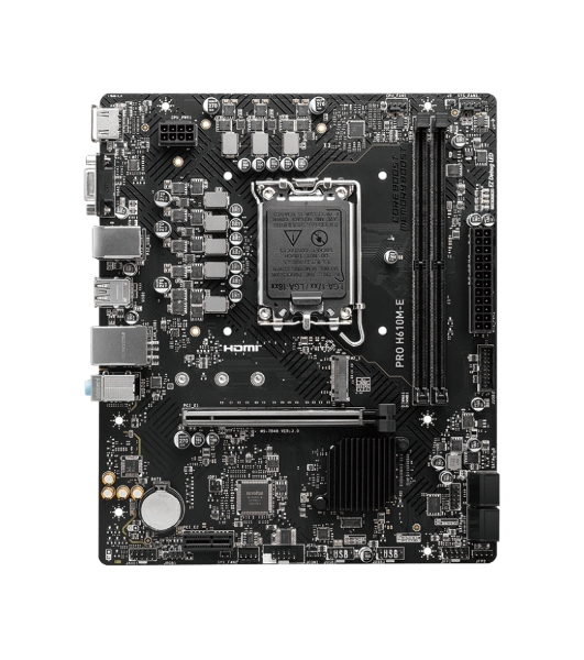 Материнская плата MSI PRO H610M-E, LGA 1700, Intel H610, 2xDDR5, 4xSATA, 1xM.2, 1xPCIe 4.0 x16, 1xPCIe 4.0 x1, 1xHDMI, 1xVGA, 1xRJ45 1Gb, 2xUSB-A 3.2 Gen 1, 4xUSB-A 2.0, 3x3.5мм, 7.1, mATX