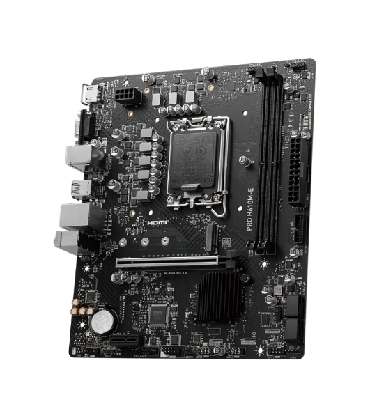 Материнская плата MSI PRO H610M-E, LGA 1700, Intel H610, 2xDDR5, 4xSATA, 1xM.2, 1xPCIe 4.0 x16, 1xPCIe 4.0 x1, 1xHDMI, 1xVGA, 1xRJ45 1Gb, 2xUSB-A 3.2 Gen 1, 4xUSB-A 2.0, 3x3.5мм, 7.1, mATX
