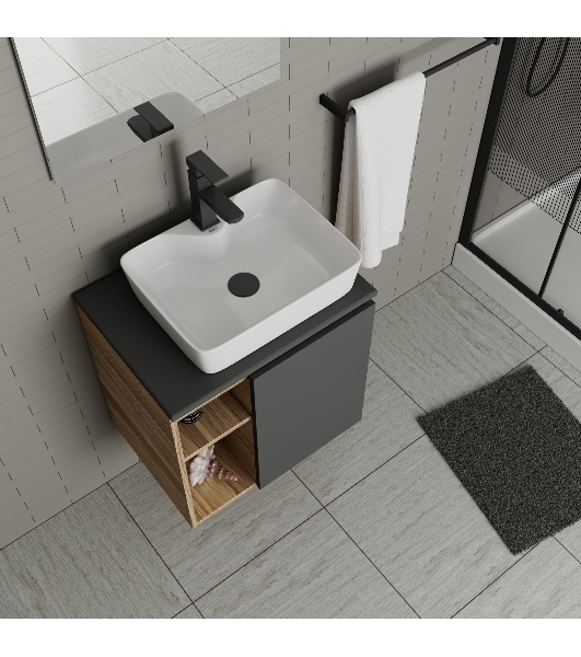 Тумба Bau Dream Blackwood 60 правая, графит, раковина BAU Cerama 48х37 белая, смеситель Hotel Black, черный, выпуск клик клак черный