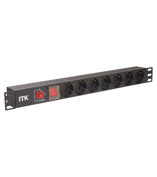 Блок ITK PDU 7 розеток DIN49440 (нем. станд.) с LED выключателем и защитой от перенапряжения, 1U, без шнура, вх. IEC320 C14, алюминевый профиль, черный