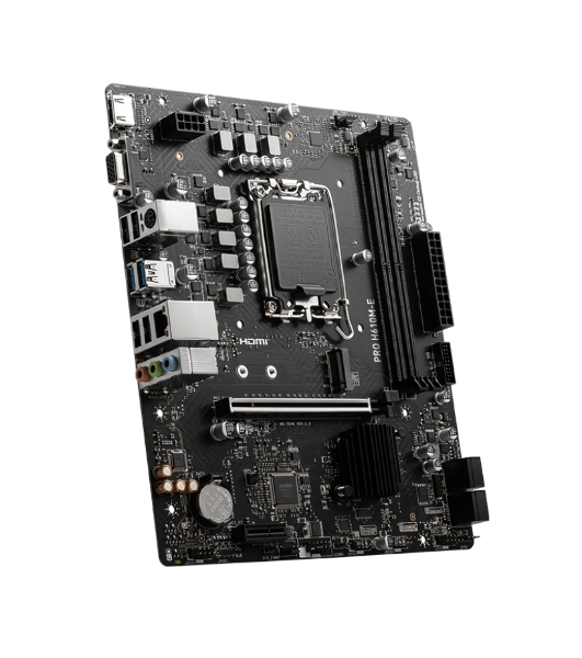 Материнская плата MSI PRO H610M-E, LGA 1700, Intel H610, 2xDDR5, 4xSATA, 1xM.2, 1xPCIe 4.0 x16, 1xPCIe 4.0 x1, 1xHDMI, 1xVGA, 1xRJ45 1Gb, 2xUSB-A 3.2 Gen 1, 4xUSB-A 2.0, 3x3.5мм, 7.1, mATX