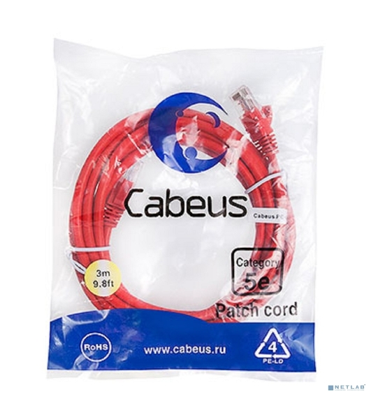 Шнур коммутационный Cabeus, Cat.5e, неэкр., U/UTP, RJ45/RJ45, PVC, AWG24, 3м, красный
