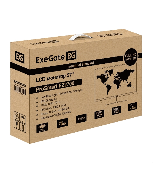 Монитор 27' ExeGate ProSmart EZ2700 IPS 1920x1080, 75 Гц, 5 мс, 16:9, 250 кд/м², VGA, HDMI 1.4, HDR10, FreeSync, черный