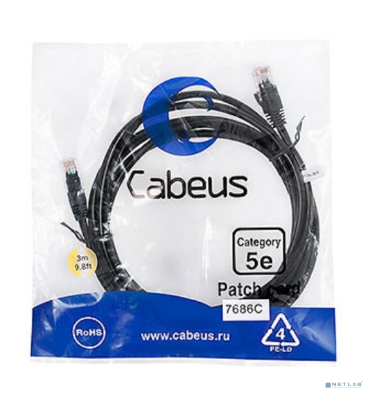 Шнур коммутационный Cabeus, Cat.5e, неэкр., U/UTP, RJ45/RJ45, PVC, AWG24, 3м, черный