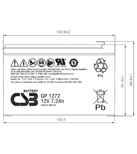 Батарея для ИБП CSB серия GP, GP1272, напряжение 12В, емкость 7.2А·ч (разряд 20 часов), макс. ток разряда (5 сек.) 100А, ток короткого замыкания 304А, макс. ток заряда 2.8A, свинцово-кислотная типа AGM, клеммы F1, ДxШxВ 150.9x64.8x98.6мм., вес 2.4кг., срок службы 5