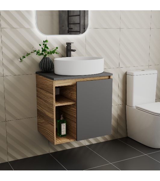 Тумба Bau Dream Blackwood 60 правая, графит, раковина BAU Nimb 50х36, смеситель для раковины высокий Hotel Black, черный