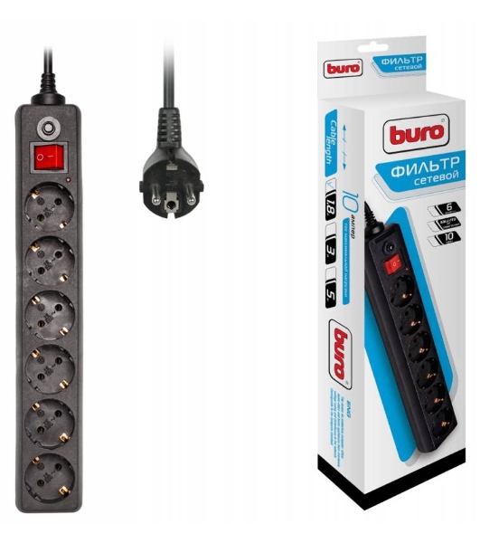 Сетевой фильтр Buro 600SH-1.8-B 1.8 м, 6 розеток, черный, коробка