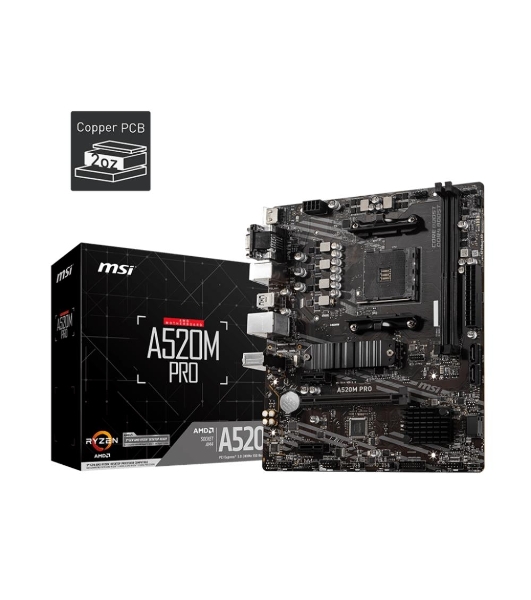 Материнская плата MSI A520M PRO, AM4, AMD A520, 2xDDR4, 4xSATA, 1xM.2, 1xPCIe 3.0 x16, 1xVGA, 1xDP, 1xHDMI, 1x 1Gb LAN, 2xUSB 2.0, 4xUSB 3.2 Gen 1, 3x3.5 мм, 7.1, mATX