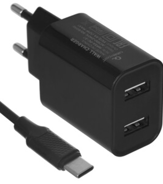 Сетевое зарядное устройство Cablexpert MP3A-PC-37 USB 2 порта, 2.4A, черный + кабель 1м Type-C