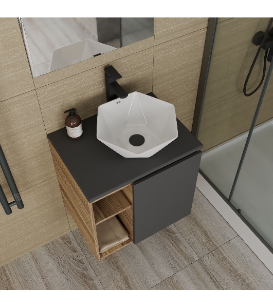 Тумба Bau Dream Blackwood 60 правая, графит, раковина BAU Crystal 40х40, смеситель для раковины высокий Hotel Black, черный, выпуск клик клак, черный