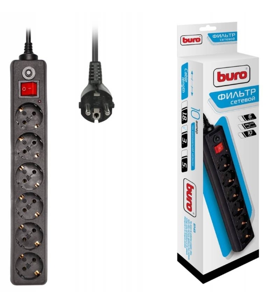 Сетевой фильтр Buro 600SH-3-B 3 м, 6 розеток, черный, коробка