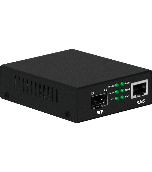 Медиаконвертер Gigabit Ethernet, SFP 1000Мбит/c, RJ45 10/100/1000Мбит/c, поддержка LFP. Металлический корпус. БП DC12V(1A) в комплекте. Размеры (ШхВхГ): 70x25x95мм. Вес: 0,2кг. Рабочая температура: -10…+55°С. Совместим с шасси NS-MCB-14.