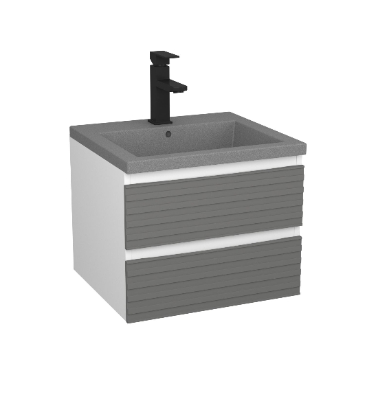 Тумба под раковину Bau Stil Loft grey brushed, раковина кварцевая BAU Stil 50, серый металлик, смеситель Hotel Black, черный