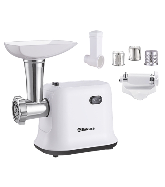 Мясорубка электрическая Sakura SA-6420STW белый, 1500 Вт, 1.4 кг/мин, реверс, защита от перегрузки, насадки - 4