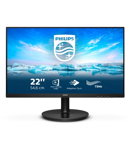 Монитор 21.5' Philips 222V8LA (00/01) VA 1920x1080, 75 Гц, 4 мс, 16:9, 250 кд/м2, 1xHDMI, 1xDP, 1xVGA, 1x3.5 мм, черный