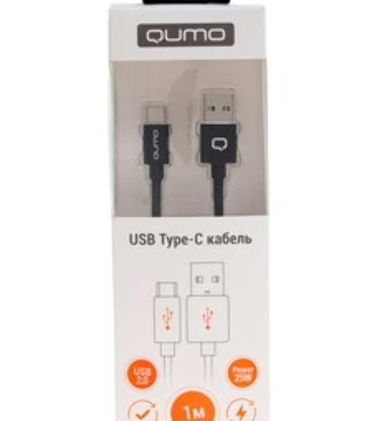 Кабель Qumo Type-С кабель, 1м, USB 2.0, 5В, 5А, 25Вт, тканевая оплетка, стальной коннектор, черный