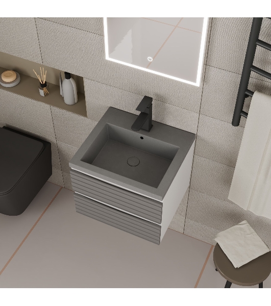 Тумба под раковину Bau Stil Loft grey brushed, раковина кварцевая BAU Stil 50, серый металлик, смеситель Hotel Black, черный