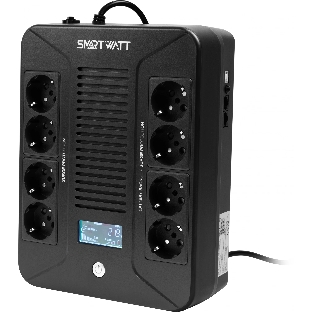 Источник бесперебойного питания SMARTWATT UPS SAFE PRO LCD 1000 черный 1000/600 ВА/Вт, напольный/настенный, линейно-интерактивный, LCD дисплей, Shuko CEE7/4 - 8 шт. (4 шт. с резервным питанием, 4 шт. - сетевой фильтр)