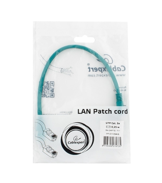 Патч-корд UTP Cablexpert cat.5e 0.25м, литой, многожильный, зеленый