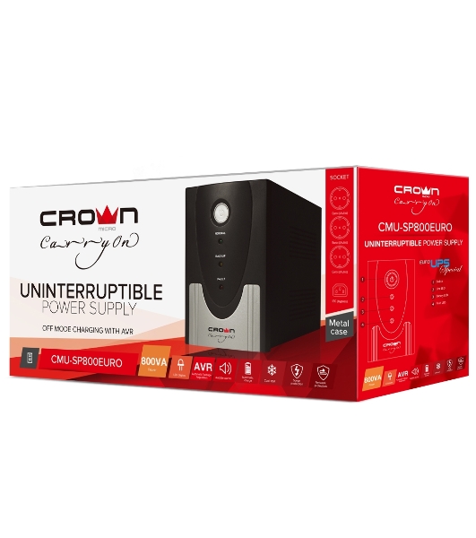 Источник бесперебойного питания Crown CMU-SP800EURO/800 ВА/450 Вт/1 х IEC 320 C13 (компьютерная), 3 х CEE 7 (евророзетка)