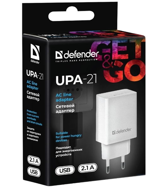 Сетевой адаптер питания Defender 1xUSB, 5V/2.1А, белый (UPA-21)