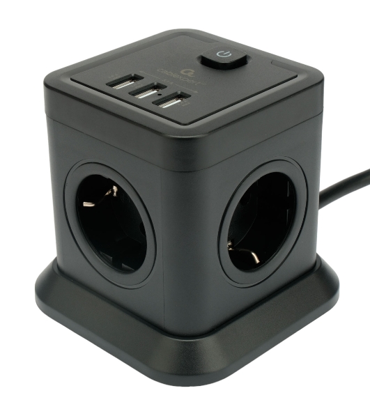 Сетевой фильтр Cablexpert Tower, TWR-4-U3-B-3, 4р, 10А, 3xUSB, 3.1А, 3 м, ур. защиты 2+, черный, коробка