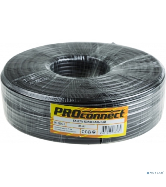 Кабель коаксиальный PROconnect RG-6U, 75 Ом, CCS/Al/Al, 48%, бухта 100 м, черный OUTDOOR