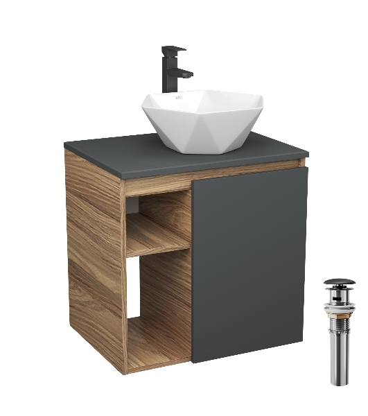 Тумба Bau Dream Blackwood 60 правая, графит, раковина BAU Crystal 40х40, смеситель для раковины высокий Hotel Black, черный, выпуск клик клак, черный