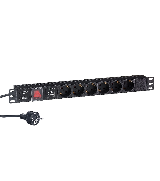 Блок розеток горизонтальный ExeGate ServerPro PDU-19H608 Al-6S-EU2-SW-SPD1, 19', 1U, Алюминий, 6 Schuko, кабель с евровилкой VDE-250V-16A-3*1.5мм2, 2 метра, выкл. с подсветкой, SPD1, черный