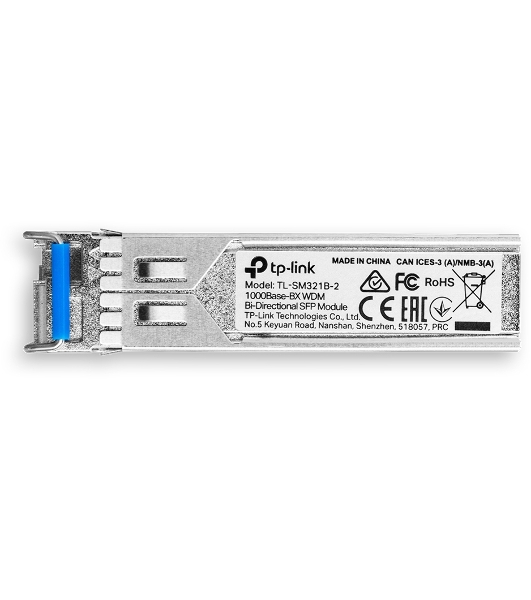 Модуль TP-Link SFP 1000Base-BX WDM Bi-Directional SFP module, TX: 1310 nm and RX: 1550 nm, 1 LC Simplex port, up to 2 km transmission distance in 9/125 μm SMF (Single-Mode Fiber), Supports Digital Diagnostic Monitoring (DDM).