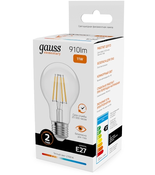 Лампа светодиодная филаментная Gauss Filament 11Вт цок.: E27 груша св. свеч. бел. теп. (упак.: 10 шт)