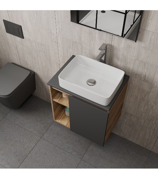 Тумба Bau Dream Blackwood 60 правая, графит, раковина BAU Hotel 48х37, смеситель для раковины высокий Hotel Still, нержавеющая сталь, выпуск клик клак, хром